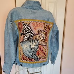 Jean jacket with needlepoint animal back ...Kolorway size medium.  One of a kind